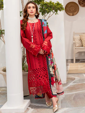 ZAINAB CHOTANI - 3PC CHIKENKARI LAWN EMBROIDERED WITH MONARK PRINT DUPATTA-DPC-4054-RED