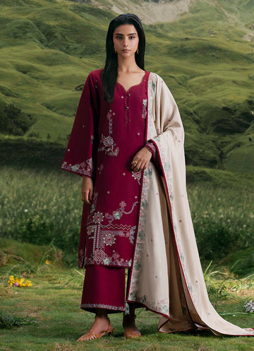 IMAGE-3PC KHADDAR EMBROIDERED SHIRT WITH DHANAK EMBROIDERED SHAWL AND KHADDAR TROUSER-DPC-4373