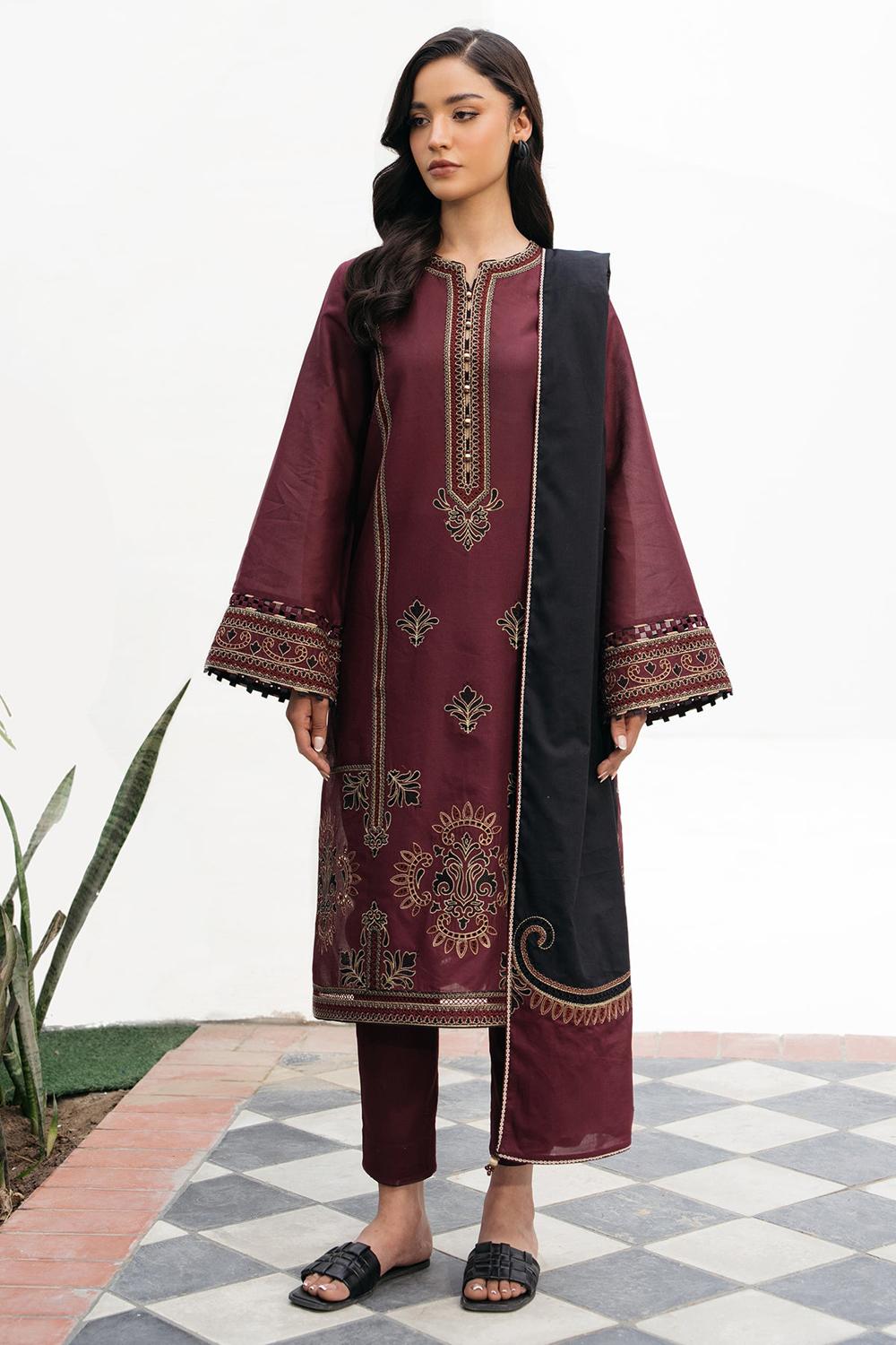 JAZMIN-3PC DHANAK EMBROIDERED SHIRT WITH COURTRAI PRINTED SHAWL AND TROUSER-DPC-189
