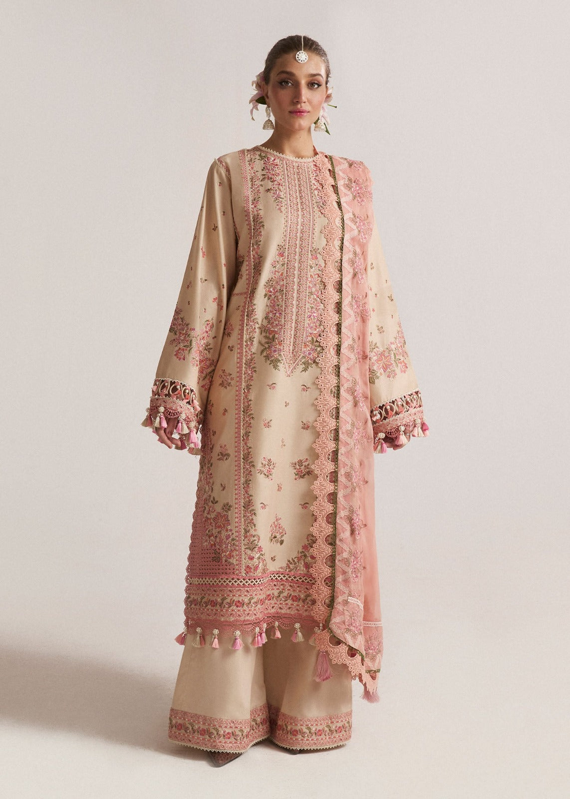 HUSSAIN REHAR-3PC DHANAK EMBROIDERED SHIRT WITH DHANAK EMB SHAWL AND EMB TROUSER-DPC-4261
