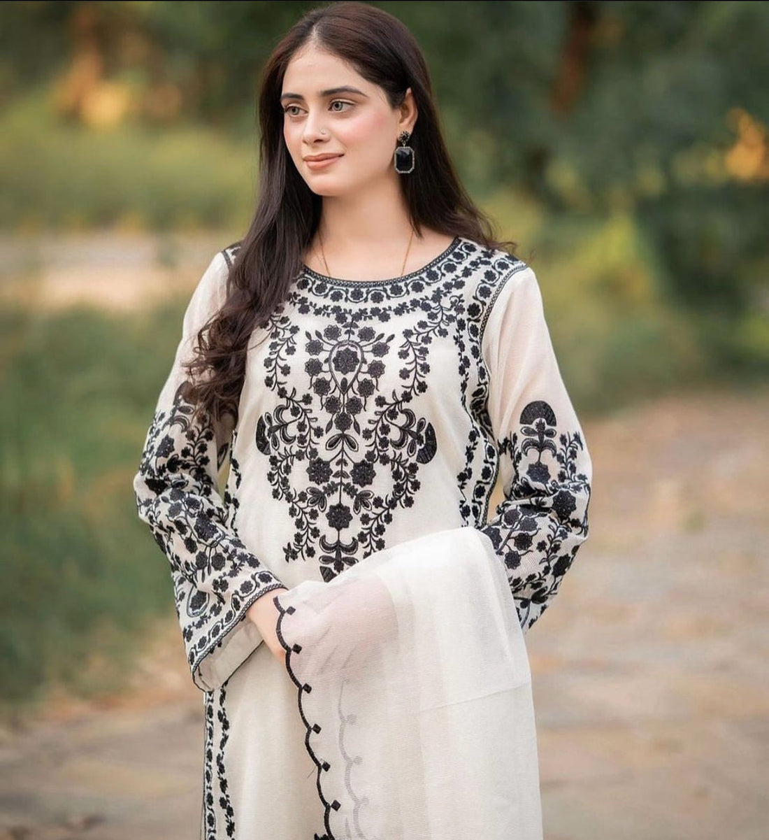 JAZMIN-3PC DHANAK EMBROIDERED SHIRT WITH DHANAK EMBROIDERED SHAWL & TROUSER-DPC-4205
