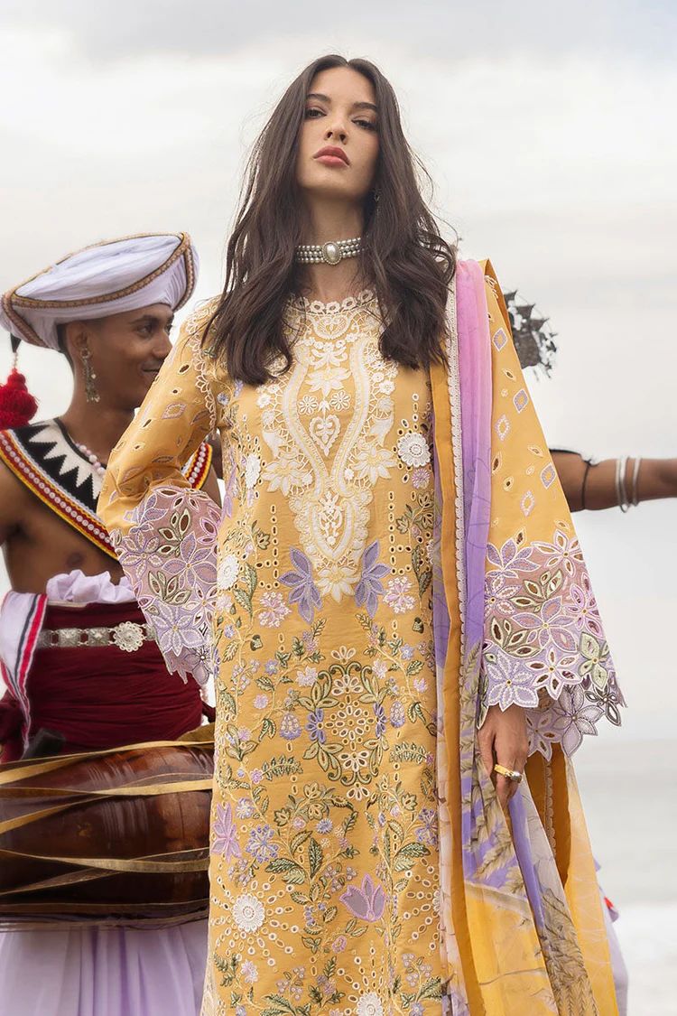 MUSHQ-3PC DHANAK CHIKAN EMBROIDERED SHIRT WITH COURTRAI PRINTED SHAWL & EMB TROUSER-DPC-4088