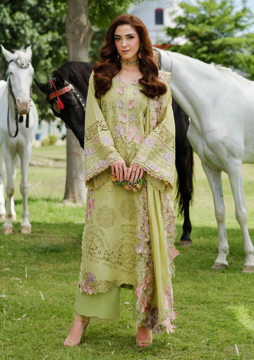 ‎ELAF-3PC LAWN CHIKANKARI EMBROIDERED SHIRT WITH SLUB MUNAAR DUPATTA AND TROUSER -DPC-4223