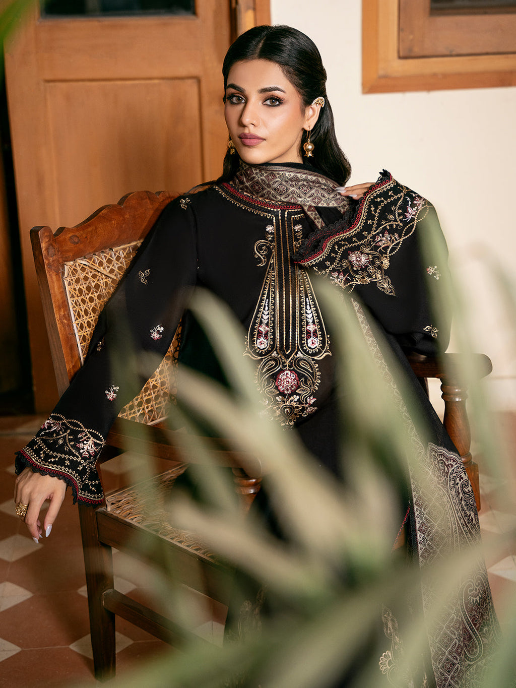 IZEL-3PC KHADDAR EMBROIDERED SHIRT WITH COURTRAI PRINTED SHAWL & TROUSER-DPC-4389