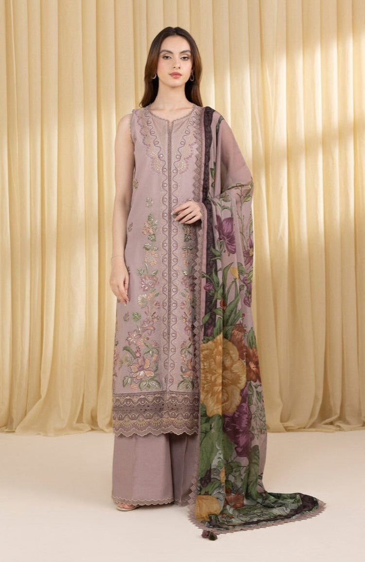 SAPPHIRE-3PC DHANAK EMBROIDERED SHIRT WITH COURTRAI WOOL PRINTED SHAWL AND EMB TROUSER-DPC-4100