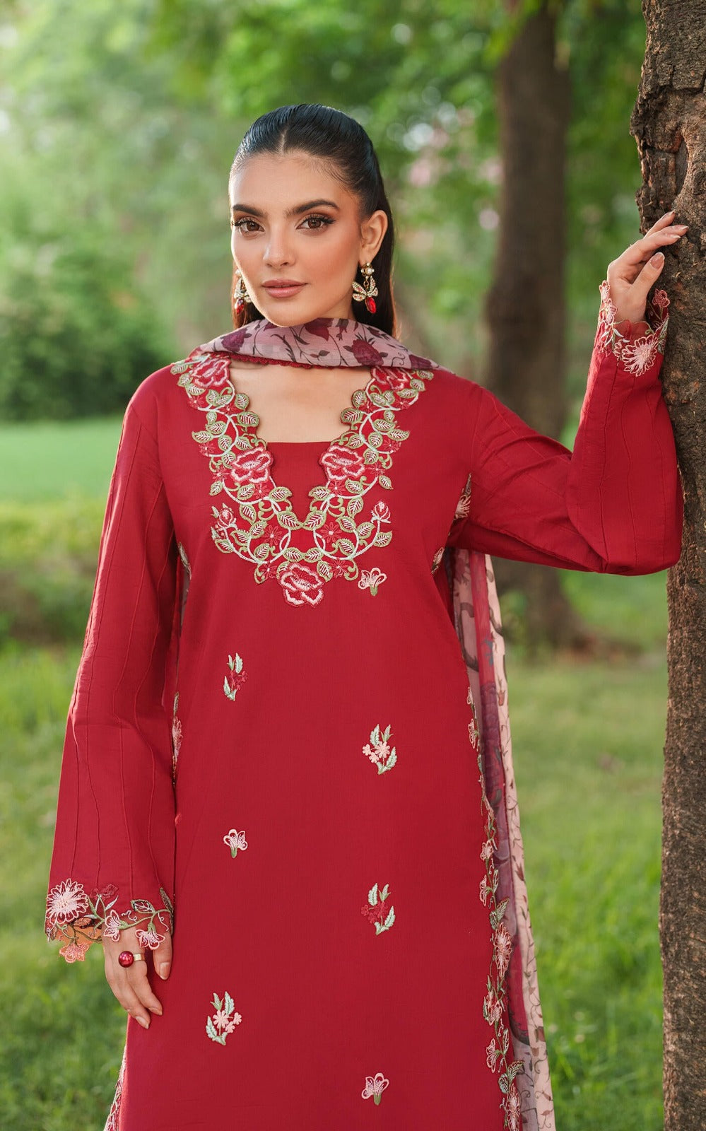 ASIFA NABEEL- 3PC DHANAK EMBROIDERED SHIRT WITH COURTRAI PRINT SHAWL AND EMB TROUSER-DPC-144
