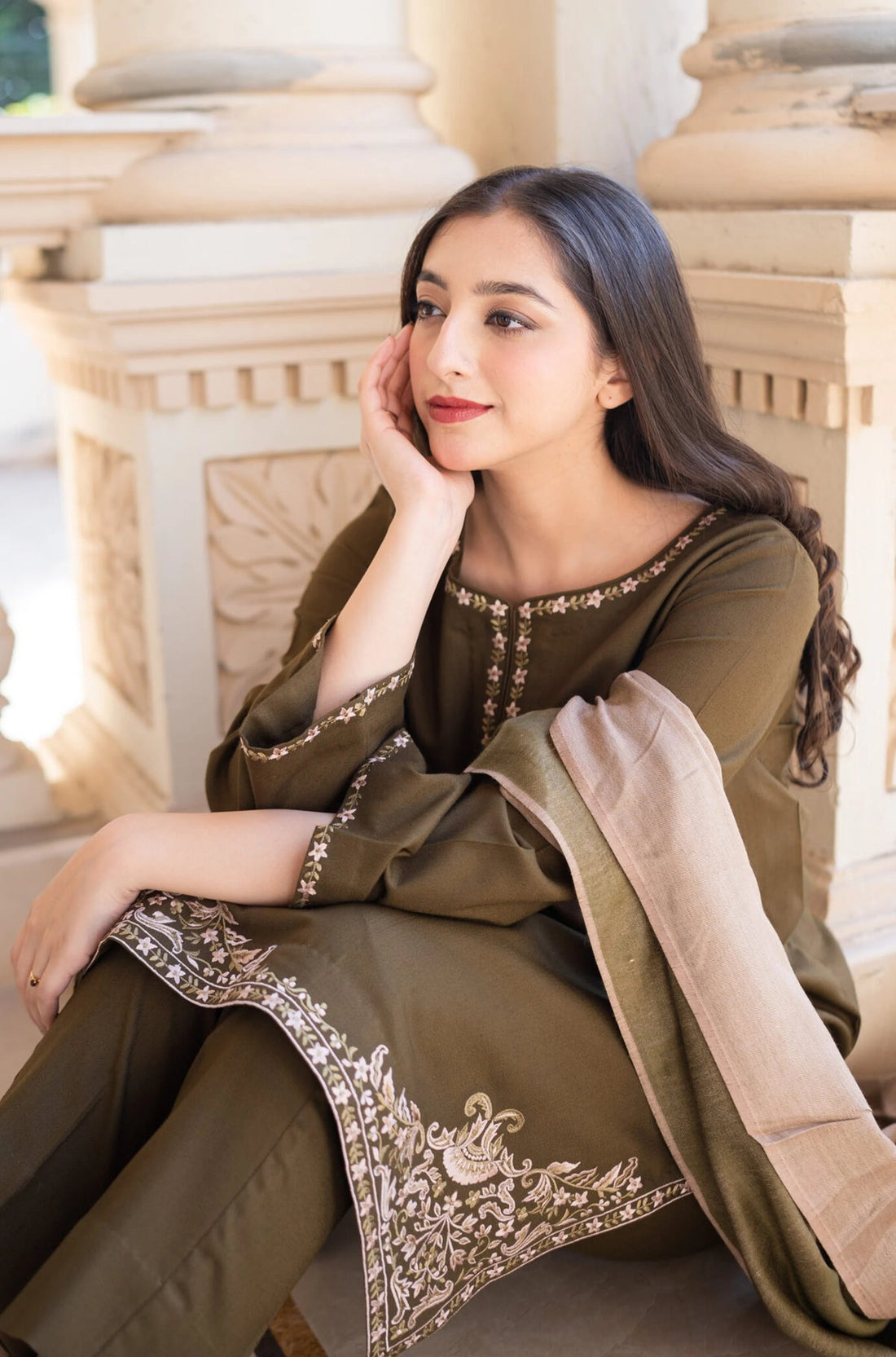 AISLING-3PC DHANAK EMBROIDERED SHIRT WITH COURTRAI PRINTED SHAWL & TROUSER-DPC-4143