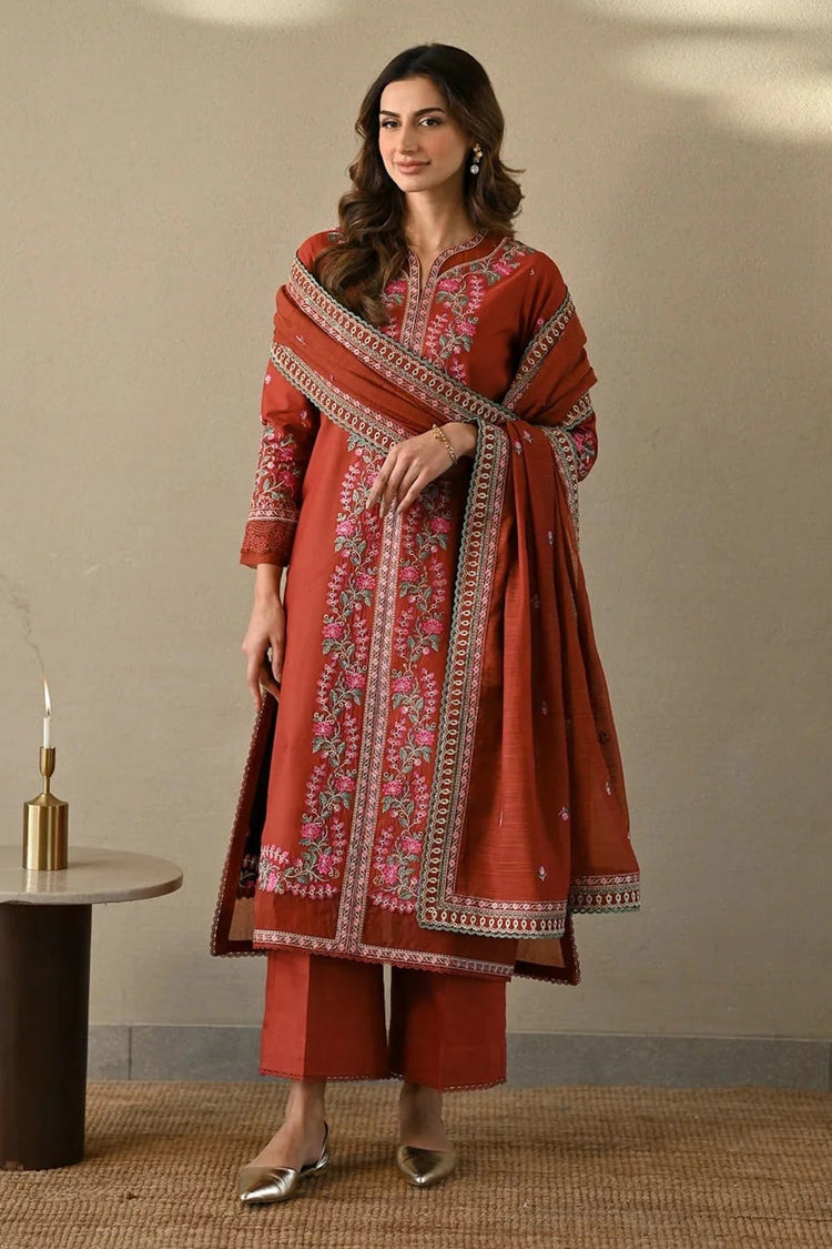 ZAIB-3PC DHANAK EMBROIDERED SHIRT WITH DHANAK EMBROIDERED SHAWL AND TROUSER-DPC-4378