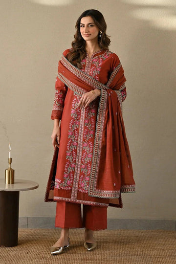 ZAIB-3PC DHANAK EMBROIDERED SHIRT WITH DHANAK EMBROIDERED SHAWL AND TROUSER-DPC-4378