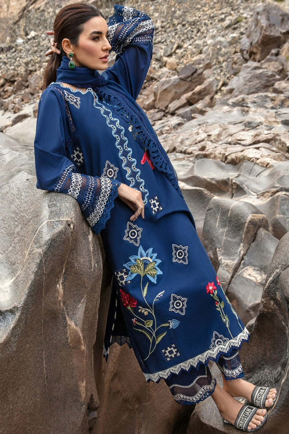 CRIMSON-3PC DHANAK EMBROIDERED SHIRT WITH WOOL PRINTED SHAWL AND TROUSER-DPC-24