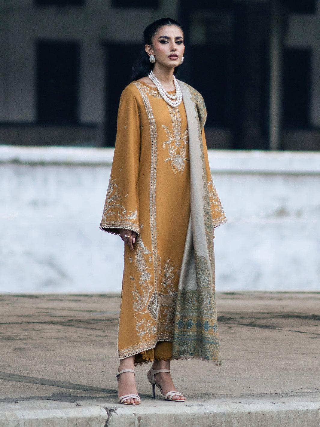 IZEL-3PC DHANAK EMBROIDERED SHIRT WITH COUTRAI PRINTED SHAWL & TROUSER-DPC-4129