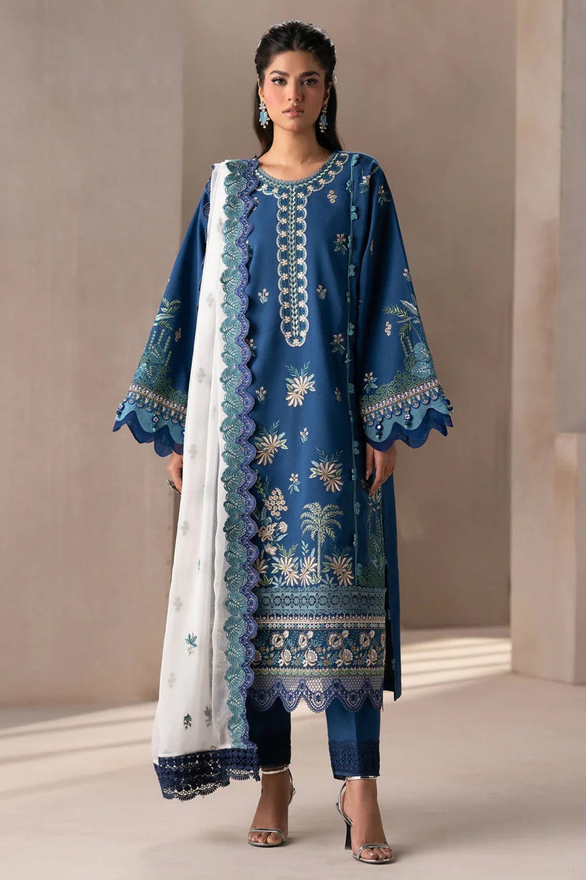 ETHNIC-3PC DHANAK HEAVY EMBROIDERED SHIRT WITH COTTON NET EMBROIDERED DUPATTA AND EMB TROUSER-DPC-4220