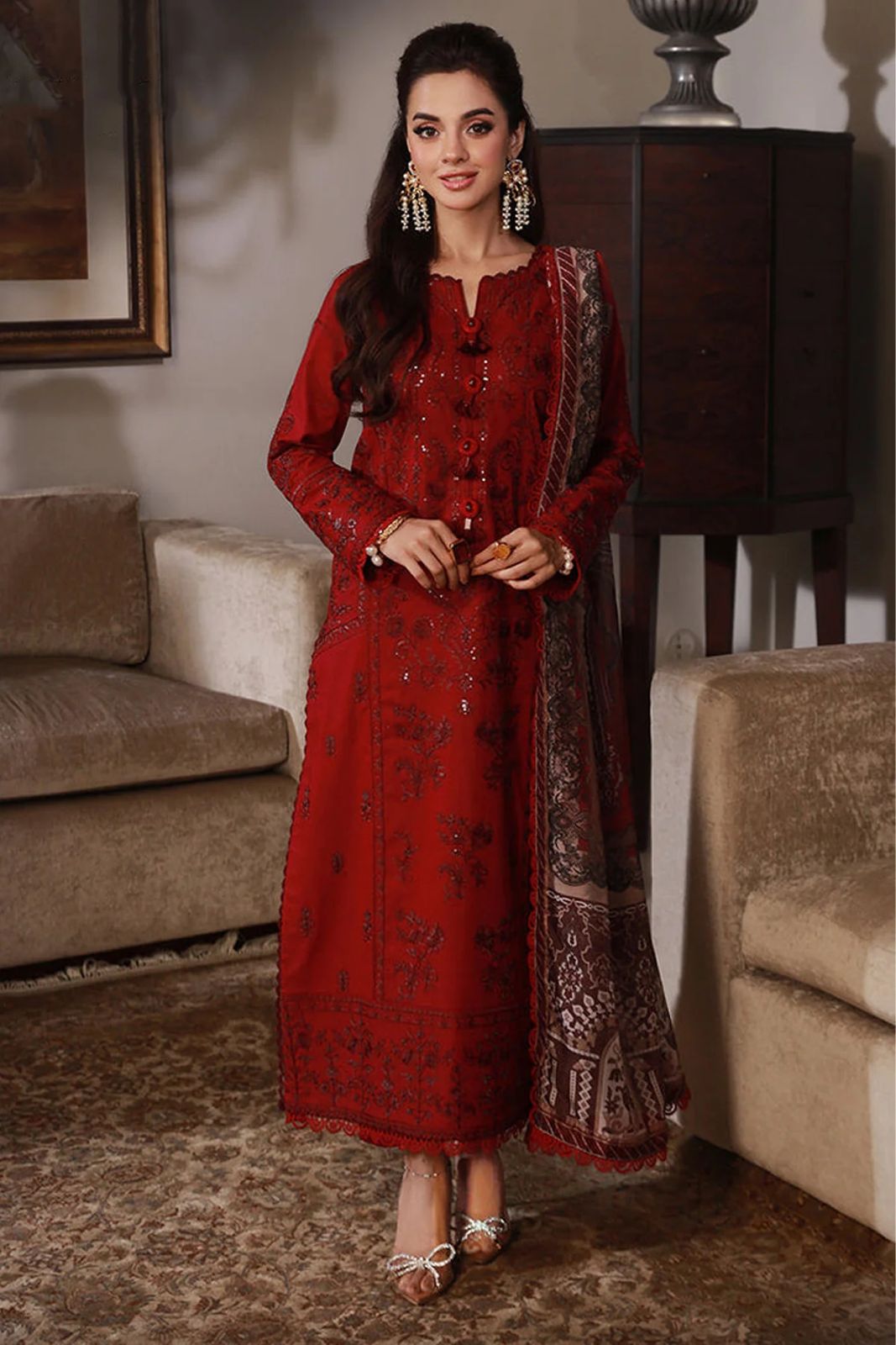 ASIM JOFA-3PC DHANAK SEQUIN EMBROIDRED SHIRT WITH COURTRAI PRINTED SHAWL AND TROUSER-DPC-4228
