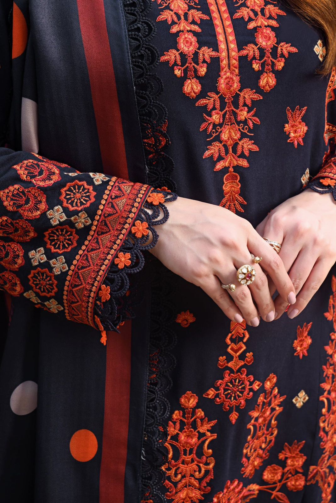 ANEELAS-3PC DHANAK EMBROIDRED SHIRT WITH COURTRAI PRINTED SHAWL AND TROUSER-DPC-4326