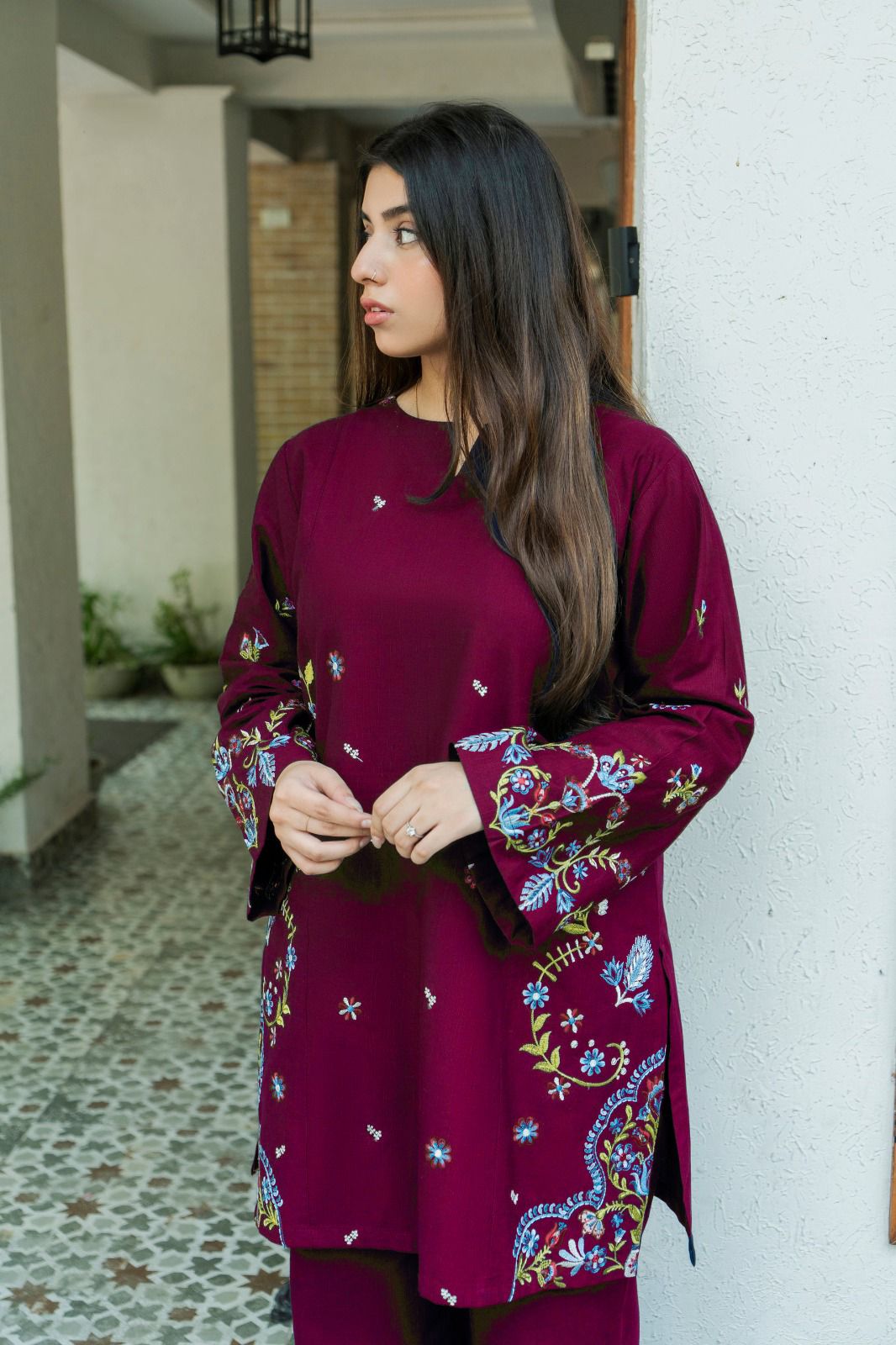 URGE-2PC DHANAK EMBROIDERED SHIRT WITH DHANAK EMBROIDERED TROUSER-DPC-