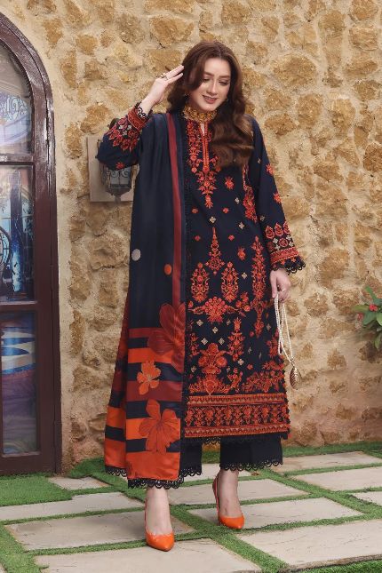 ANEELAS-3PC DHANAK EMBROIDRED SHIRT WITH COURTRAI PRINTED SHAWL AND TROUSER-DPC-4326