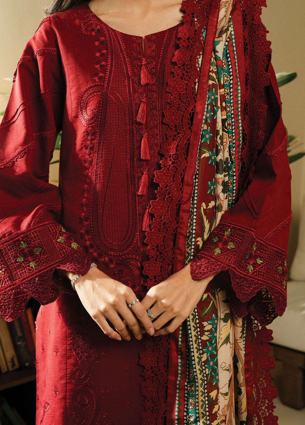 BATIK-3PC DHANAK EMBROIDERED SHIRT WITH COUTRAI WOOL PRINTED SHAWL AND TROUSER-DPC-4138