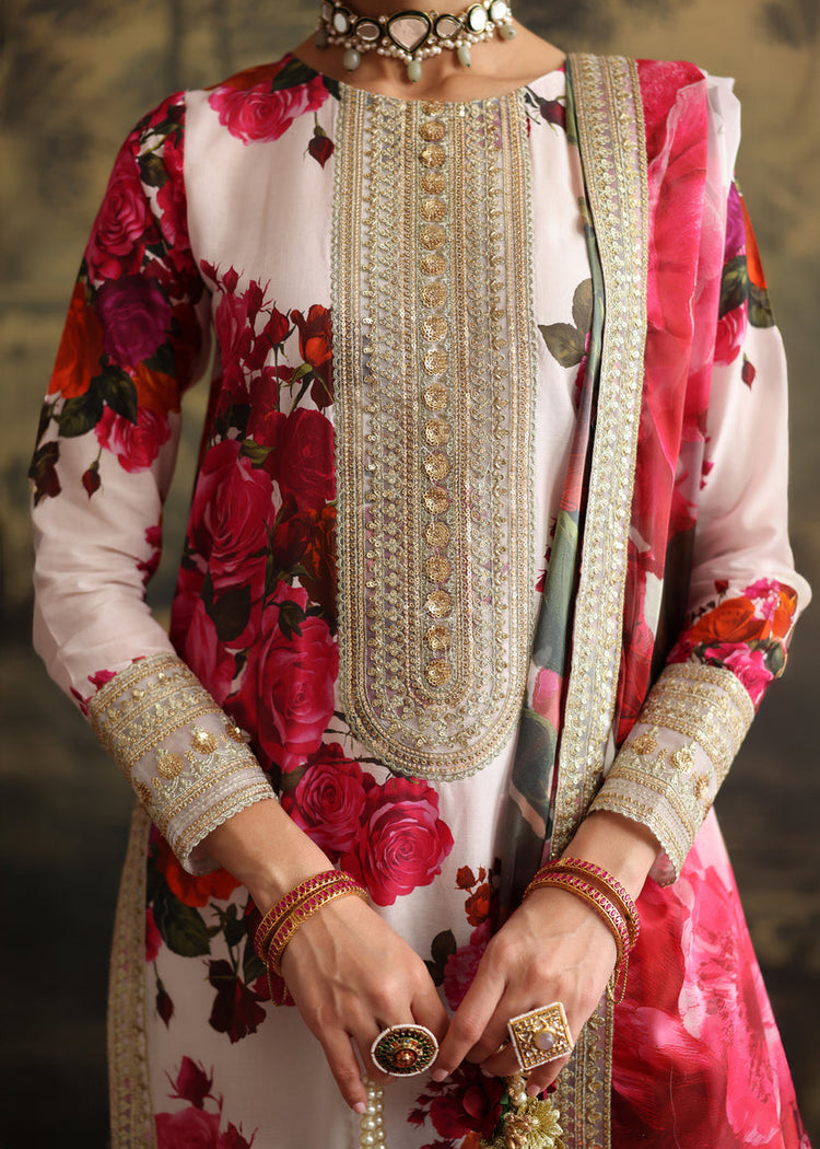 ZAINAB CHOTANI-3PC SHAMOZE SILK PRINTED EMBROIDERED SHIRT WITH SOFT SILK PRINTED EMB DUPATTA & EMB TROUSER DPC-1722