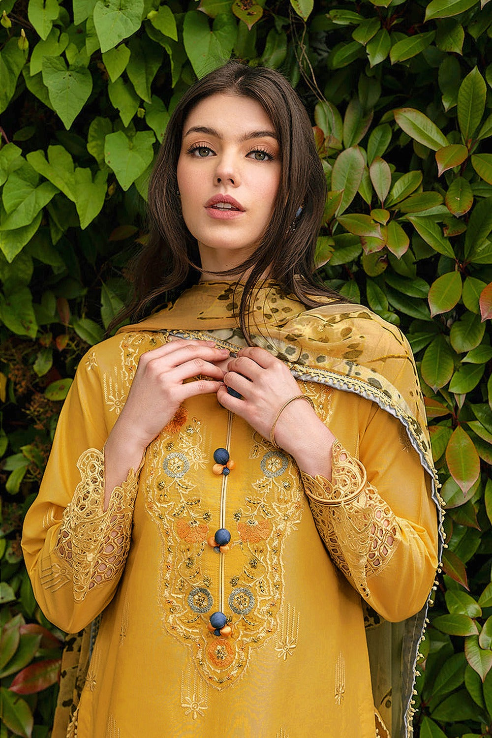 MUSHQ-3PC DHANAK EMBROIDERED SHIRT WITH COURTRAI PRINTED SHAWL AND TROUSER-DPC-212