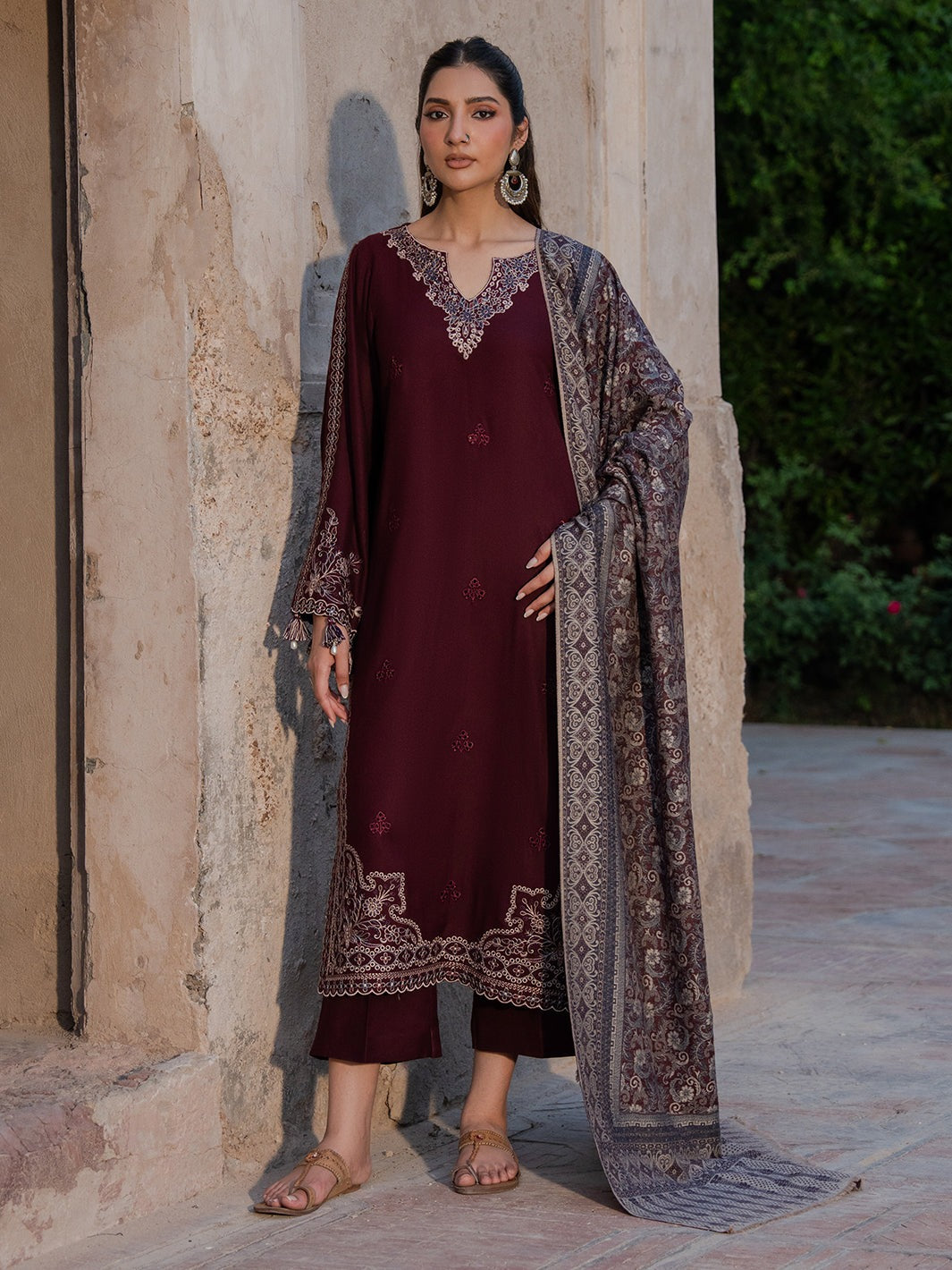 IZEL-3PC DHANAK EMBROIDERED SHIRT WITH COURTRAI PRINTED SHAWL & TROUSER-DPC-159