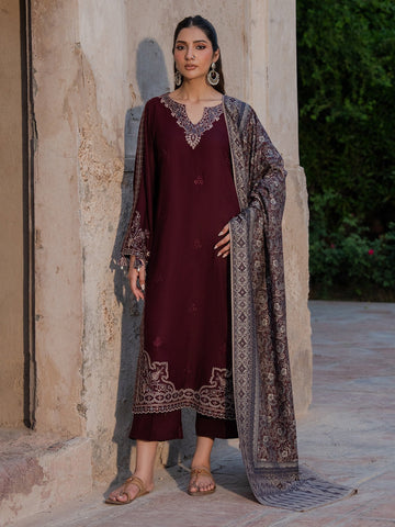 IZEL-3PC DHANAK EMBROIDERED SHIRT WITH COURTRAI PRINTED SHAWL & TROUSER-DPC-159