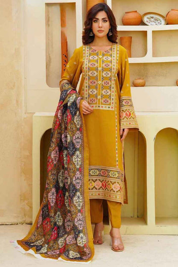 ANEELAS-3PC DHANAK EMBROIDERED SHIRT WITH DHANAK PRINTED SHAWL & TROUSER-DPC-163