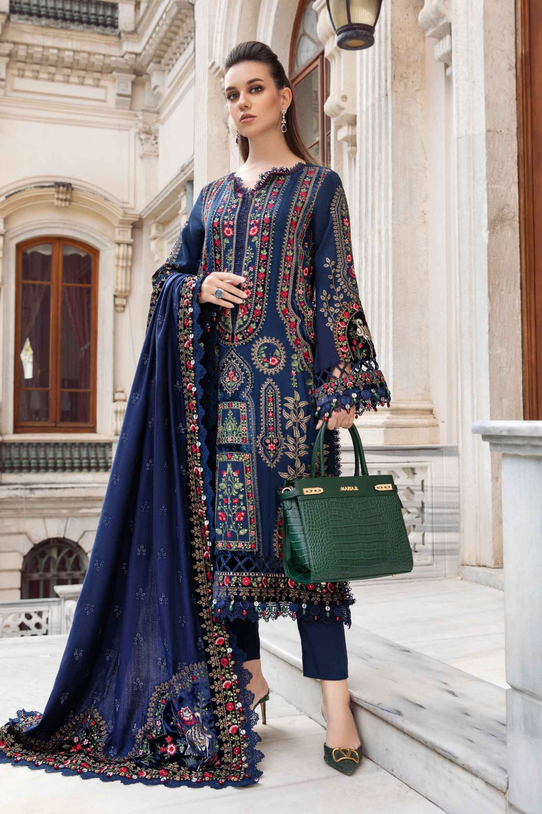 MARIA.B-3PC DHANAK EMBROIDERED SHIRT WITH DHANAK EMBROIDERED SHAWL AND TROUSER-DPC-147