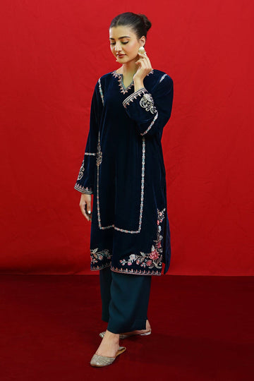 URGE -2PC Velvet Heavy Embroidered Shirt With Velvet Embroidered Sleeves-DPC-D23