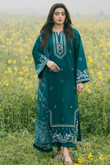 IZEL-3PC DHANAK EMBROIDERED SHIRT WITH COURTRAI PRINTED SHAWL AND TROUSER-DPC-4107