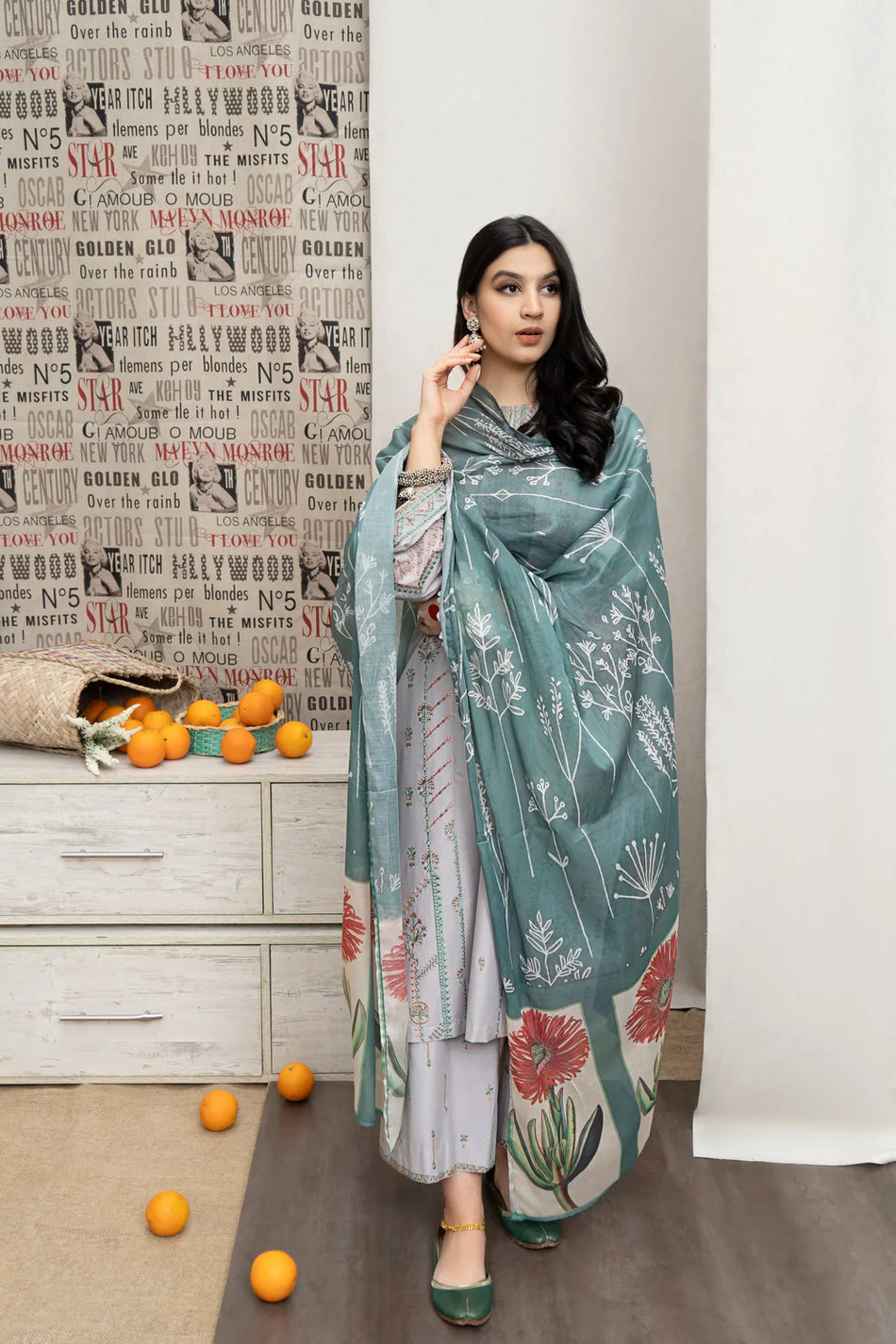 URGE-3PC DHANAK EMBROIDERED SHIRT WITH COUTRAI WOOL PRINTED SHAWL & EMB TROUSER-DPC-4007