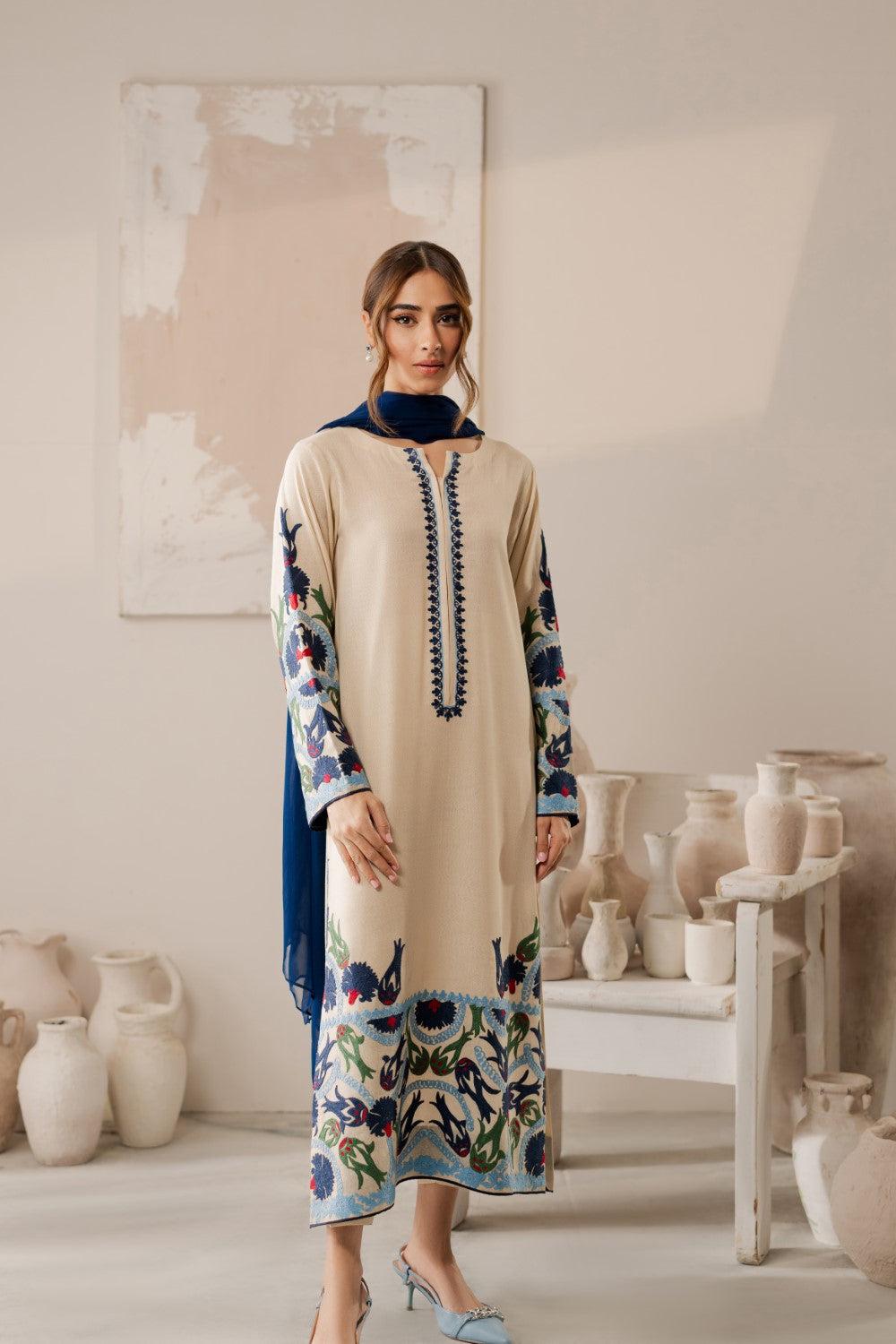 SAPPHIRE-3PC DHANAK EMBROIDERED SHIRT WITH COURTRAI PRINTED SHAWL AND TROUSER-DPC-181