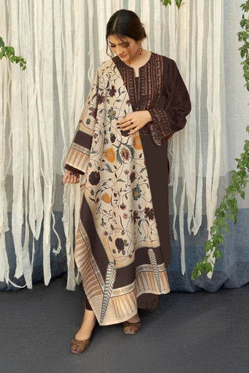 URGE-3PC DHANAK EMBROIDERED SHIRT WITH COURTRAI PRINTED SHAWL AND EMB TROUSER-DPC-4199