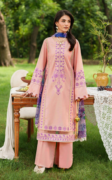 ASIFA NABEEL- 3PC DHANAK EMBROIDERED SHIRT WITH COURTRAI PRINT SHAWL AND EMB TROUSER-DPC-142