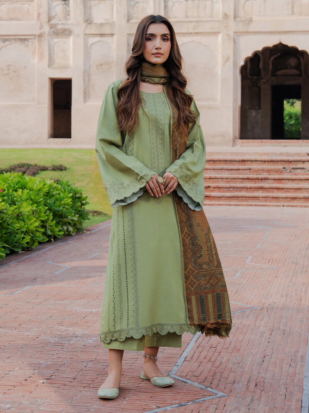 IZEL-3PC DHANAK EMBROIDERED SHIRT WITH COURTRAI PRINTED SHAWL & TROUSER-DPC-4349