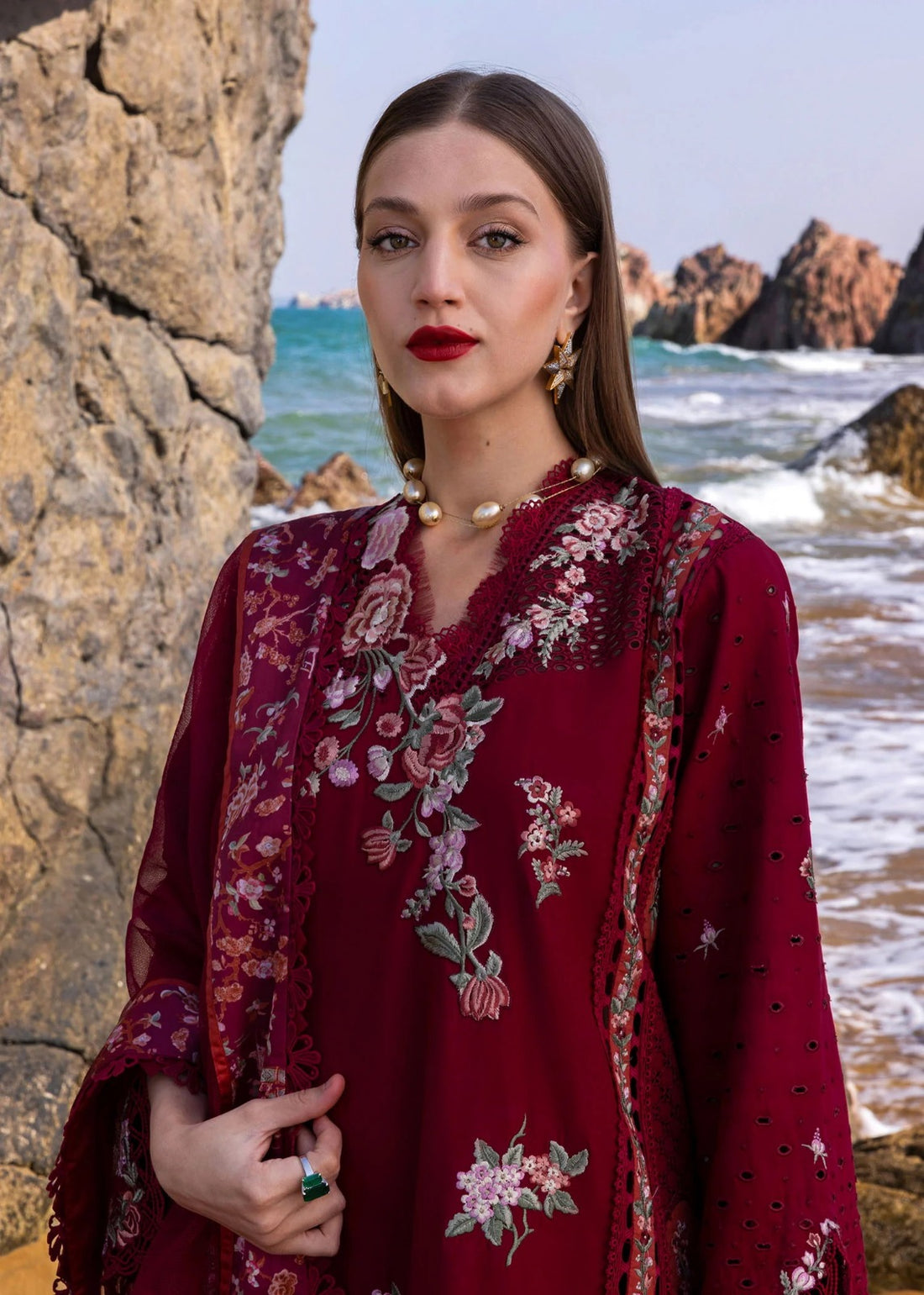 CRIMSON-3PC DHANAK EMBROIDERED SHIRT WITH DHANAK EMBROIDERED DUPATTA AND TROUSER -DPC-98