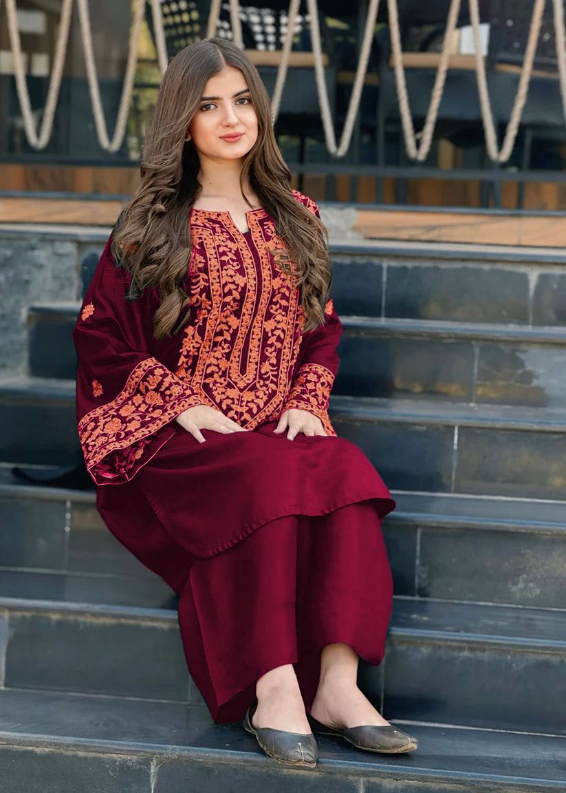 URGE-2PC DHANAK EMBROIDRED SHIRT WITH DHANAK EMBROIDRED SLEEVES-DPC-135