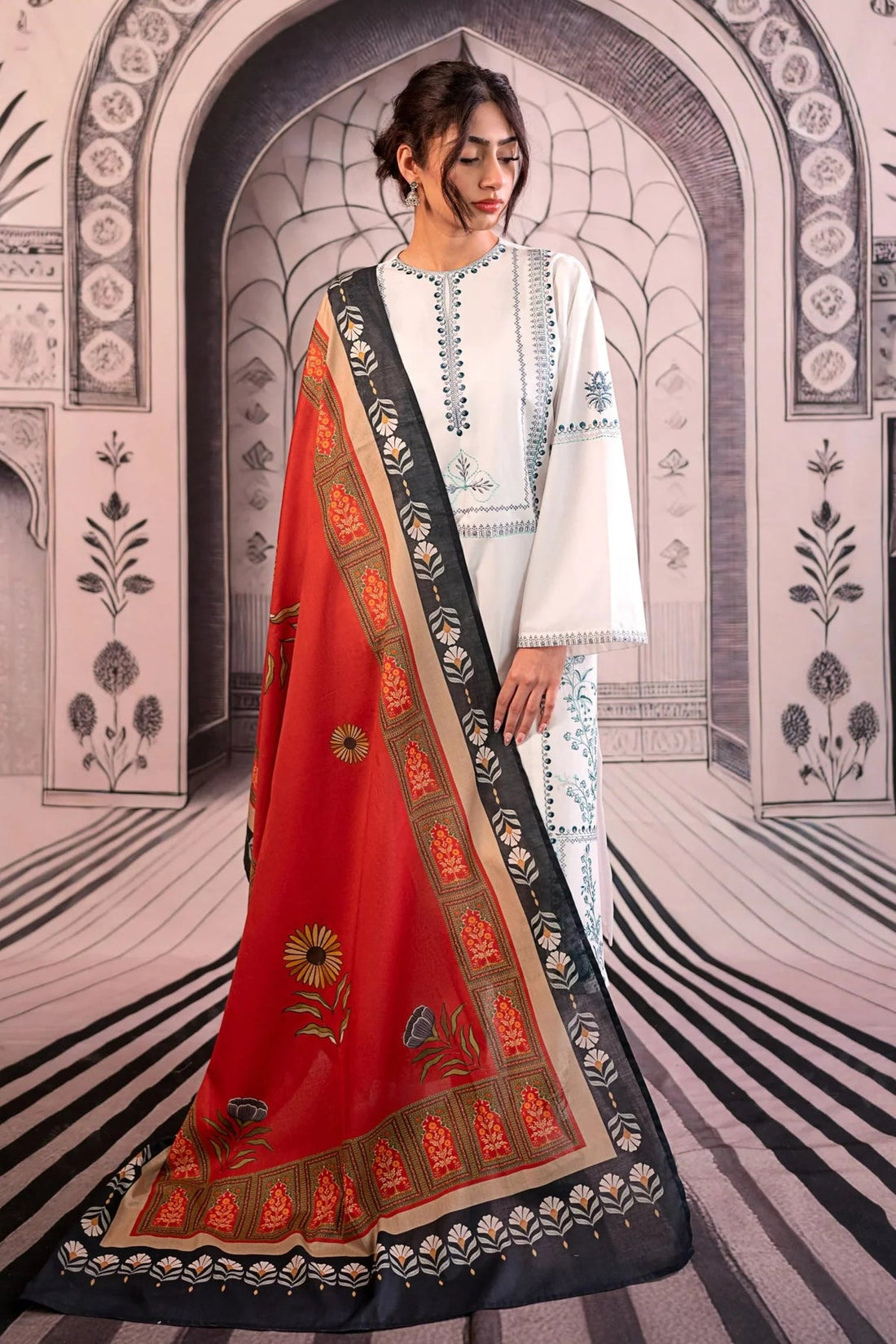 URGE - 3PC LAWN EMBROIDERED SHIRT WITH MONARK PRINTED DUPATTA AND EMB TROUSER DPC-3758