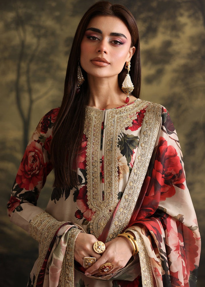 ZAINAB CHOTANI-3PC SHAMOZE SILK PRINTED EMBROIDERED SHIRT WITH SOFT SILK PRINTED EMB DUPATTA & EMB TROUSER DPC-3001