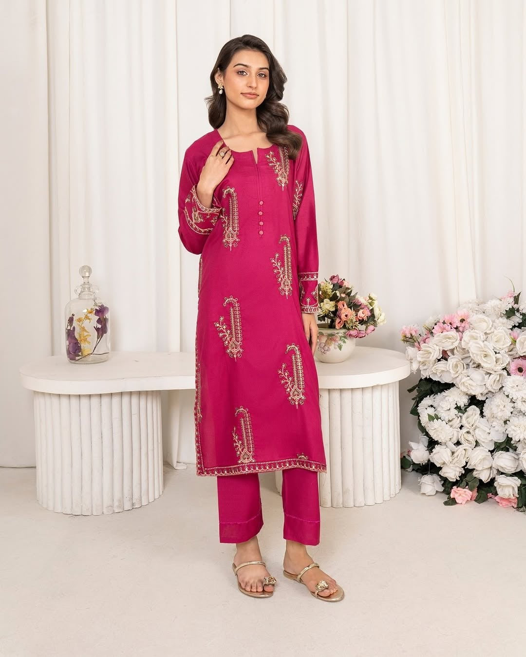 TAWAKAL-2PC DHANAK EMBROIDRED SHIRT WITH DHANAK EMBROIDRED SLEEVES-DPC-2008