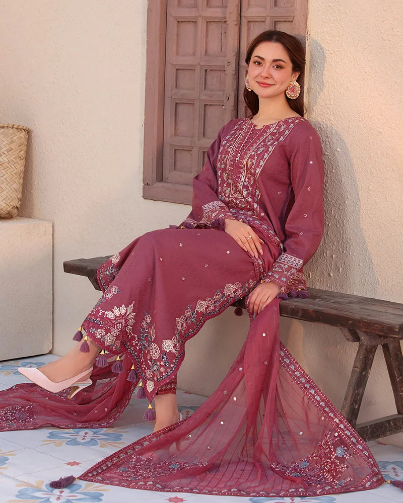 JADE- 3PC LAWN EMBROIDERED SHIRT WITH CHIFFON PRINTED DUPATTA AND EMB TROUSER-DPC-3149