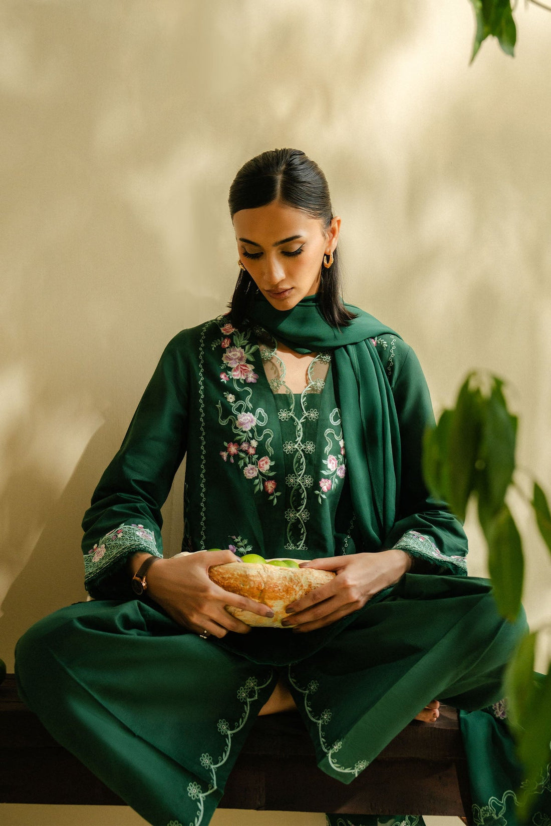 ZAHRA SHAHJAHAN-3PC DHANAK EMBROIDERED SHIRT WITH CHIFFON EMBROIDRED DUPATTA AND TROUSER-DPC-3267