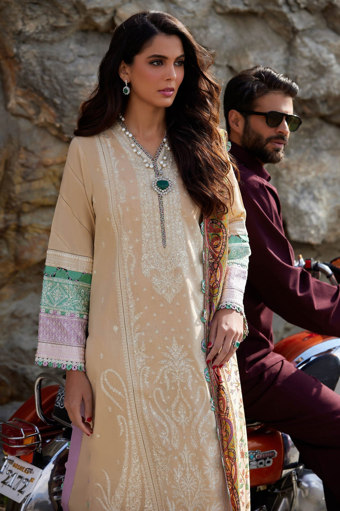 ELAN-3PC DHANAK EMBROIDERED SHIRT WITH CORTRAI WOOL PRINTED SHAWL AND EMB TROUSER-DPC-4080