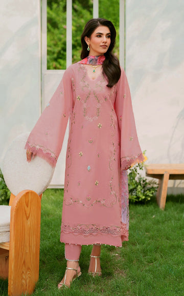 ASIFA NABEEL- 3PC DHANAK EMBROIDERED SHIRT WITH COURTRAI PRINT SHAWL AND EMB TROUSER-DPC-141