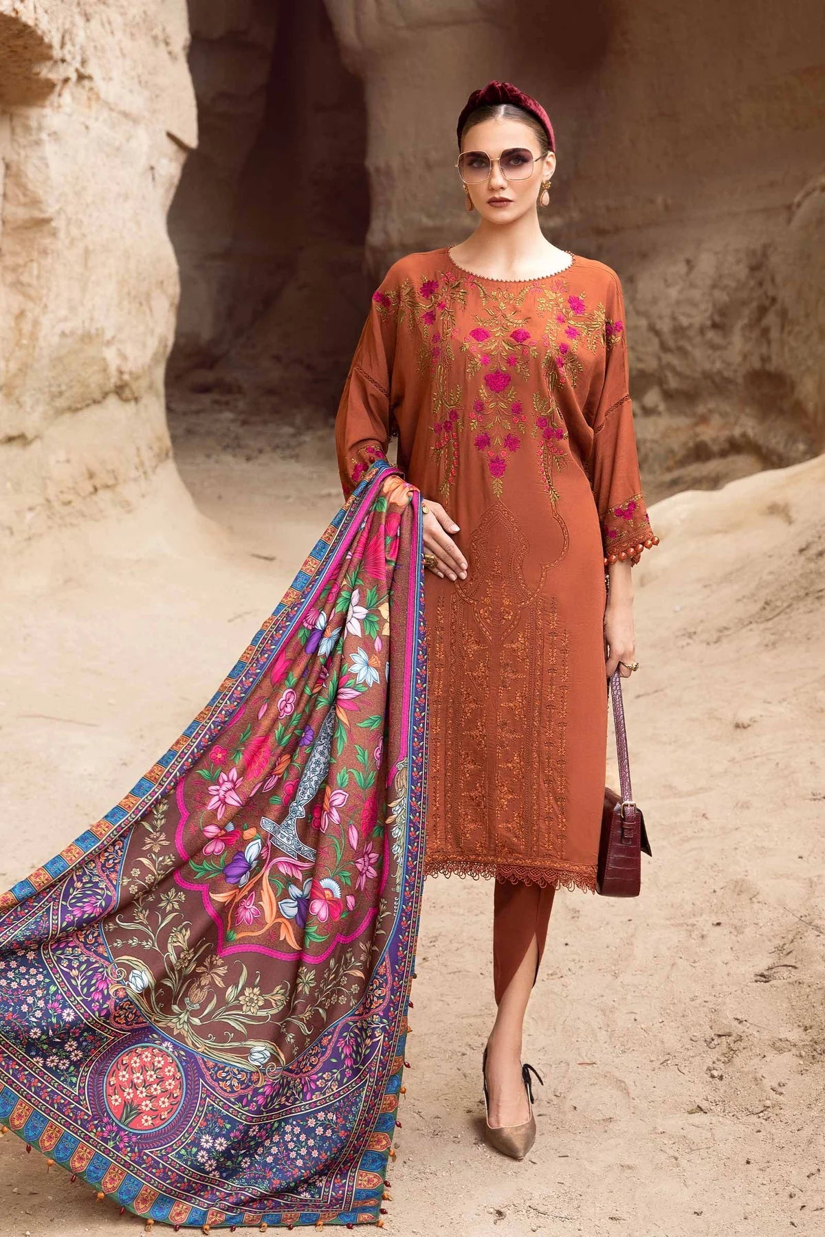 MARIA-B- 3PC DHANAK EMBROIDERED SHIRT WITH COURTRAI PRINTED SHAWL AND TROUSER-DPC-1203
