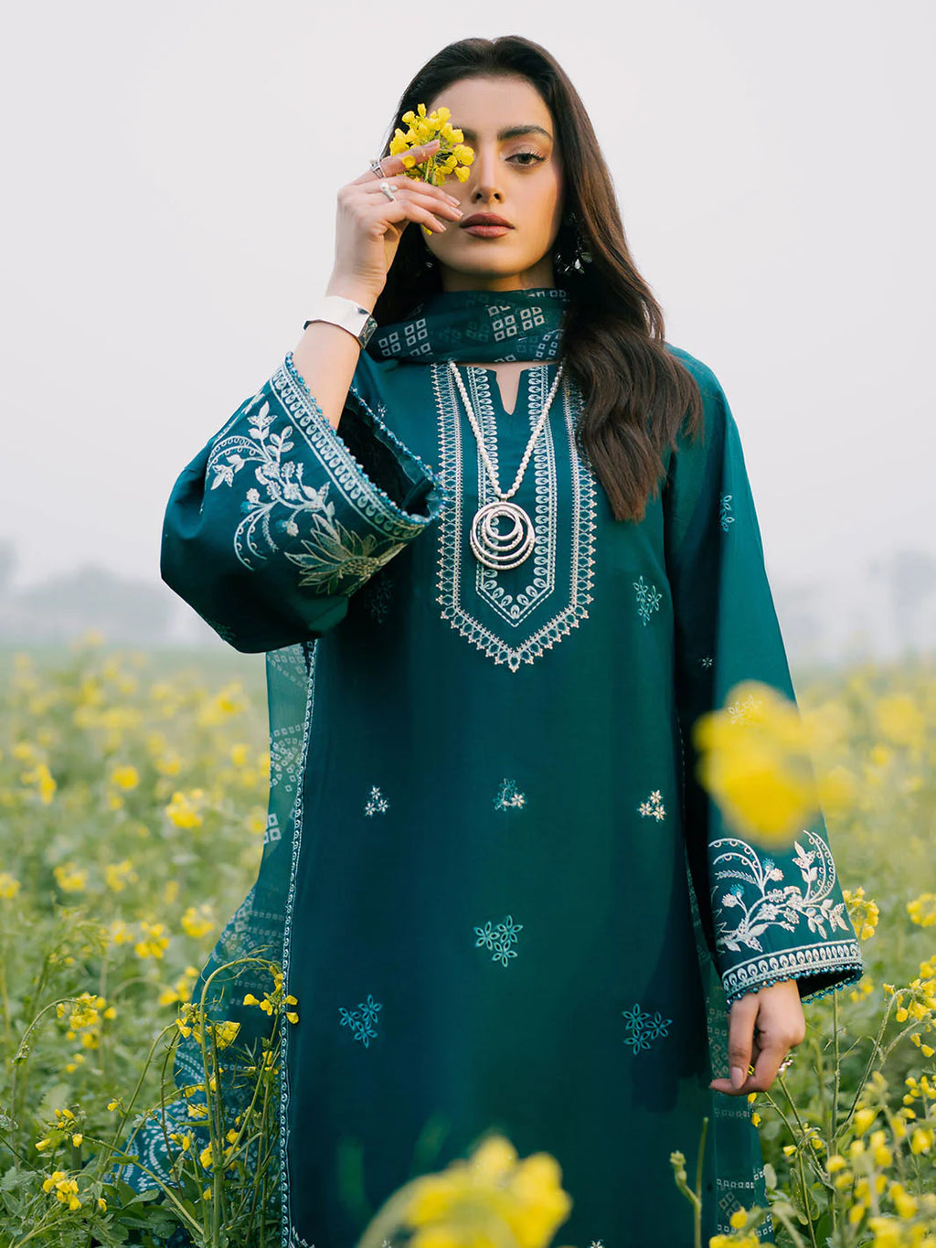 IZEL-3PC DHANAK EMBROIDERED SHIRT WITH COURTRAI PRINTED SHAWL AND TROUSER-DPC-4107