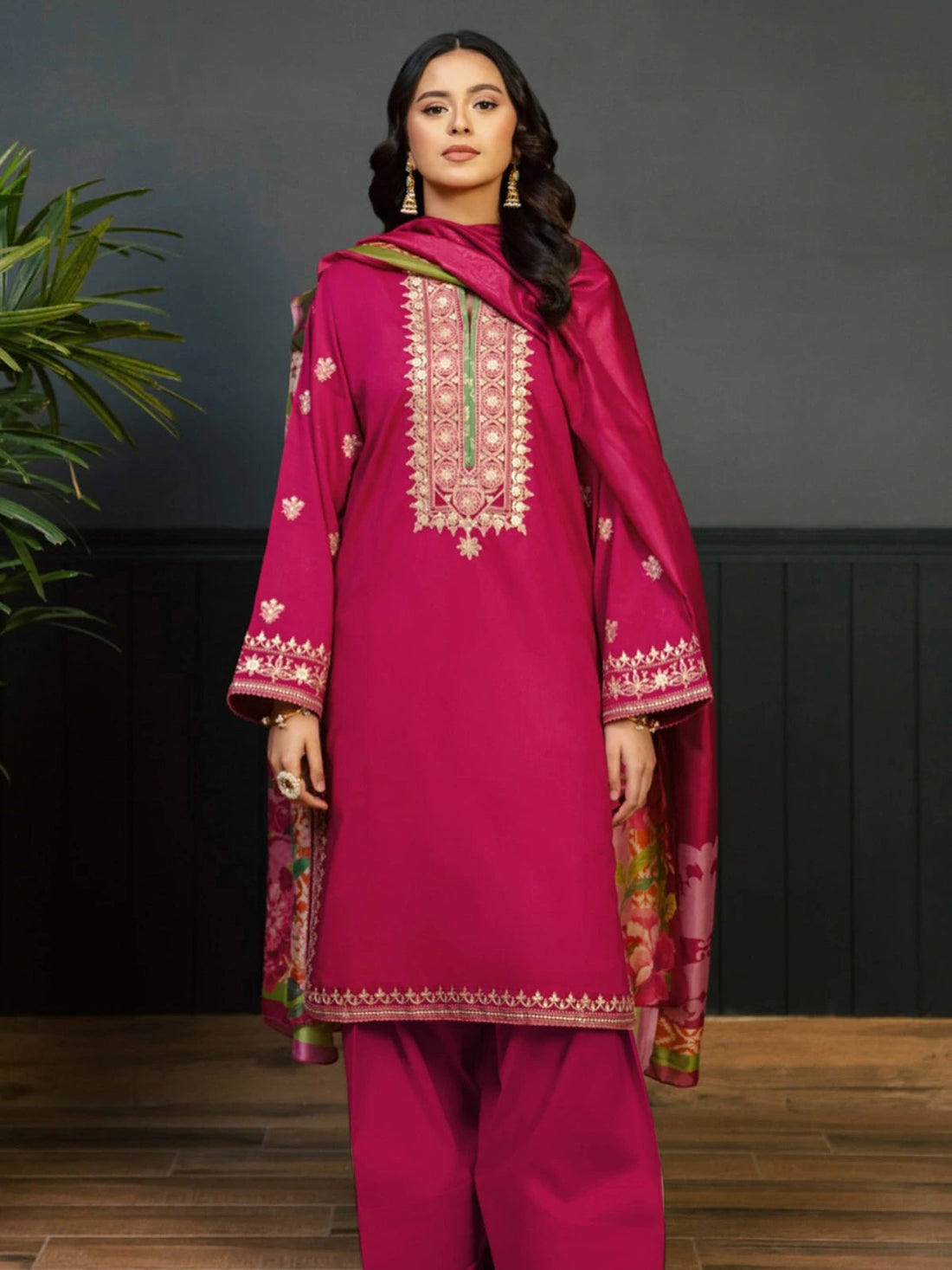 NISHAT- 3PC DHANAK EMBROIDERED SHIRT WITH COURTRAI PRINTED SHAWL AND TROUSER-DPC-1266