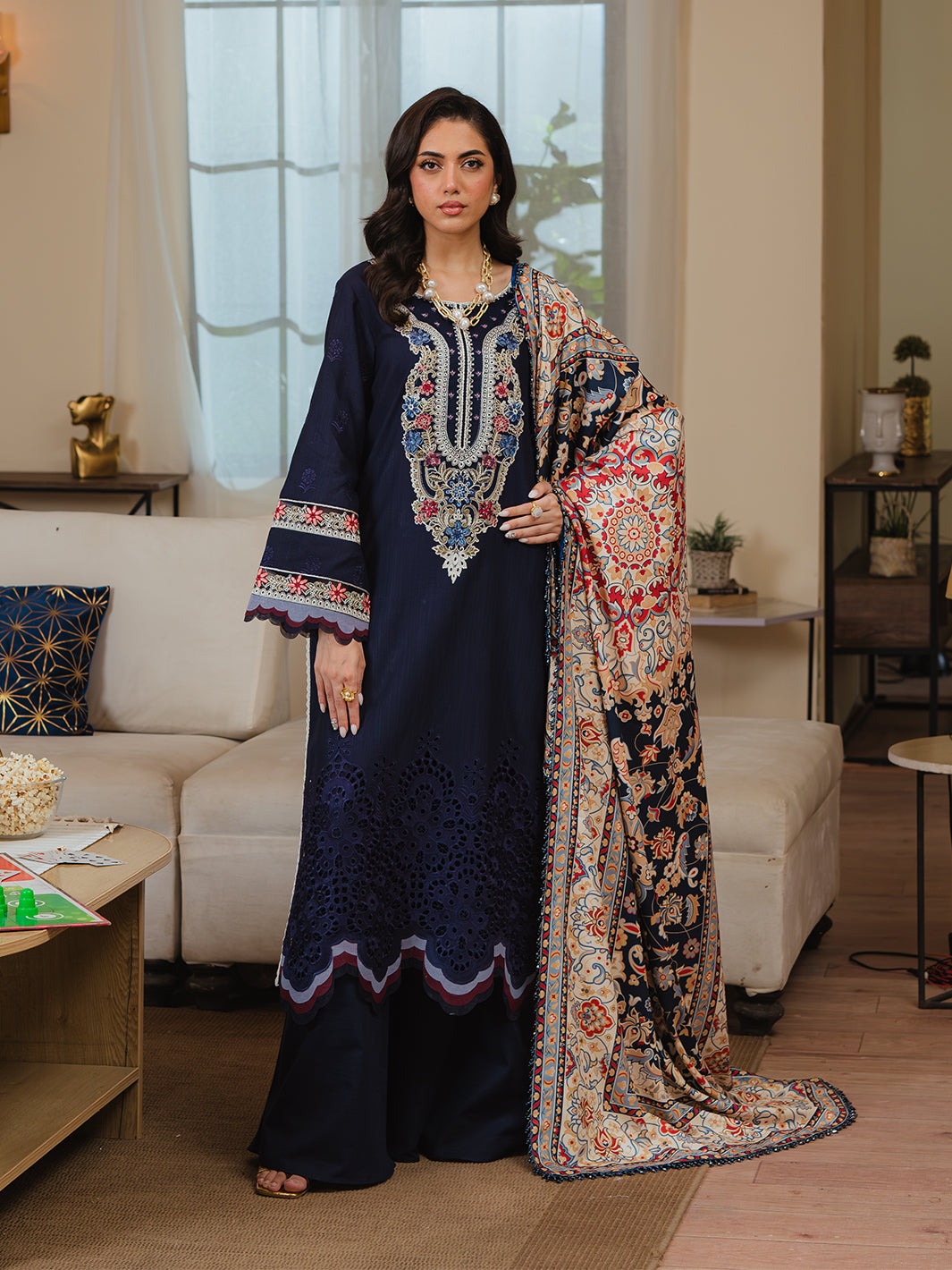 MAHNUR-3PC DHANAK LASER CUT EMB SHIRT WITH KASHMIRI WOOL SHAWL & TROUSER-DPC-99