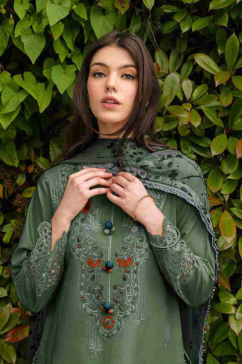 MUSHQ-3PC DHANAK EMBROIDERED SHIRT WITH COURTRAI PRINTED SHAWL AND TROUSER-DPC-211