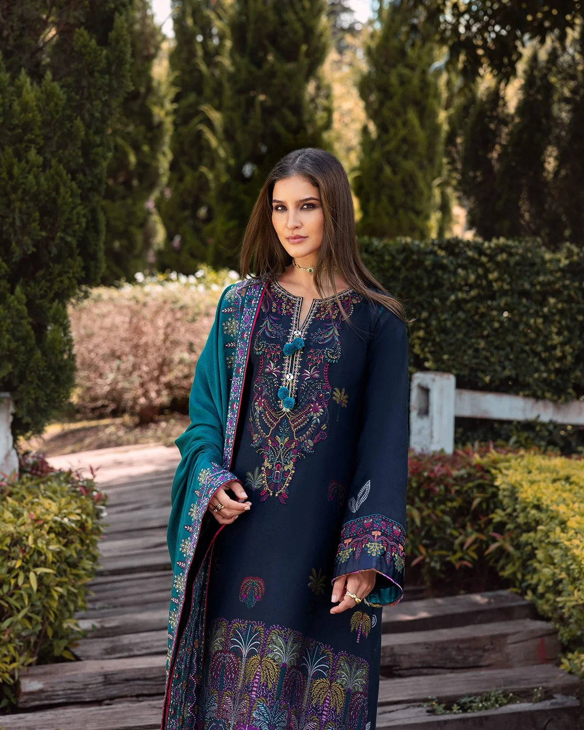 MUSHQ-3PC DHANAK EMBROIDERED SHIRT WITH DHANAK EMBROIDERED SHAWL AND EMB TROUSER -DPC-4191