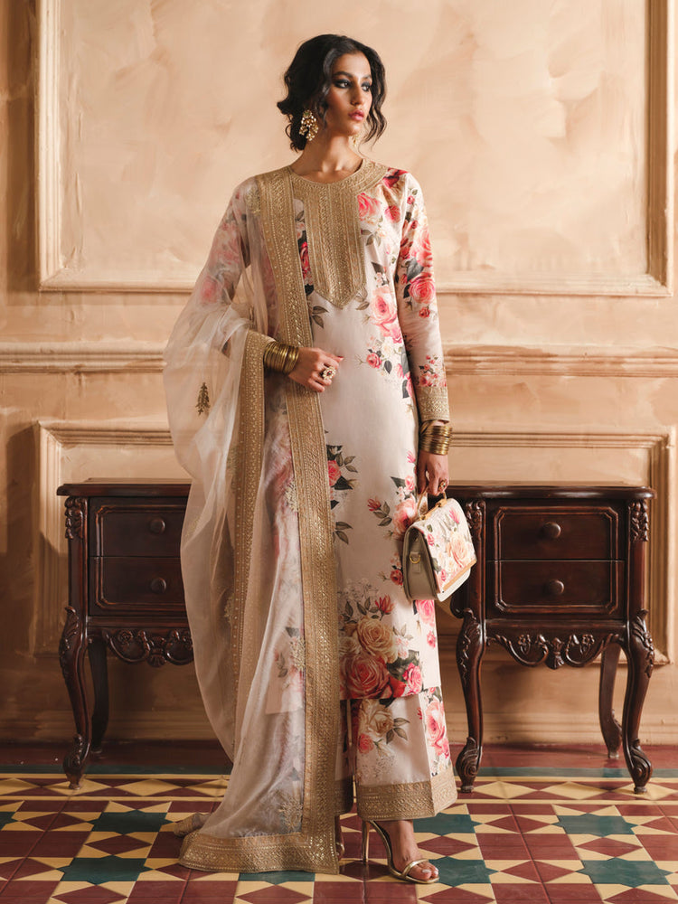 ZAINAB CHOTANI-3PC SHAMOZE SILK PRINTED EMBROIDERED SHIRT WITH SOFT SILK PRINTED EMB DUPATTA & EMB TROUSER DPC-1721